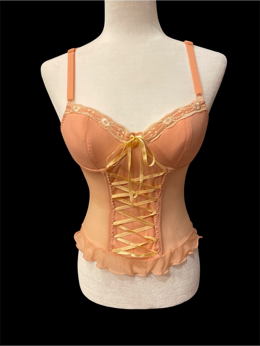 Bustier native intimates 34B peach with yellow lace up front 14 hook & eye back